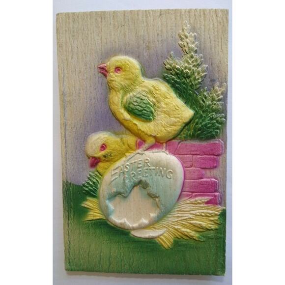 Vintage Easter Postcard Thick 3-D Raised Image Big Egg Two Chicks Pastel Unused - Picture 2 of 5